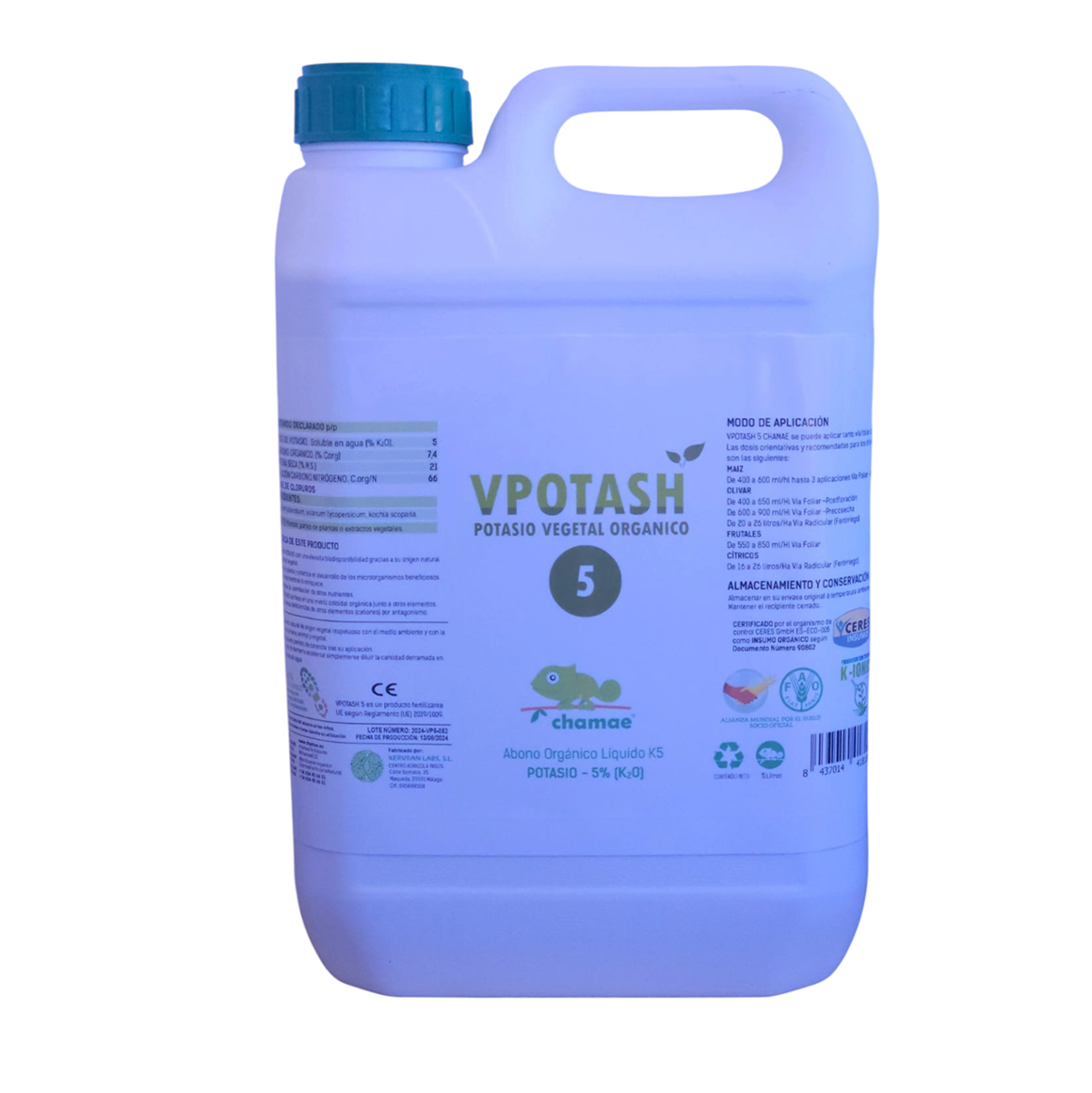 Fertilizante Potasio VPotash 5 Chamae 5 litros Ecológico. Jardinería. Potasio verde. Aplicación al suelo y foliar._0