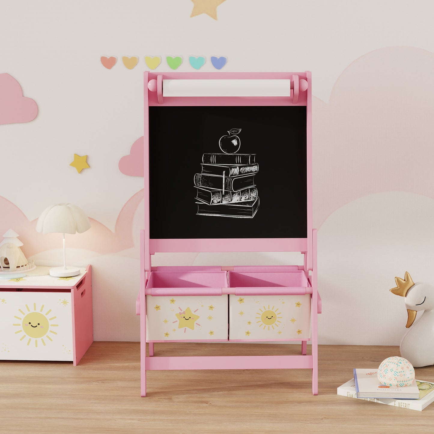 Aiyaplay Pizarra Infantil Caballete 3 En 1 Con Rollo De Papel Y Cestas Rosa_3