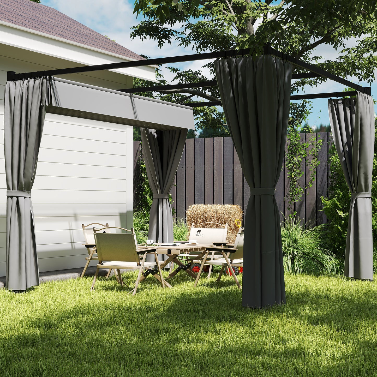 Outsunny Pérgola De Jardín 3x3 M Con Techo Y Paredes Laterales Retráctil Gris_4