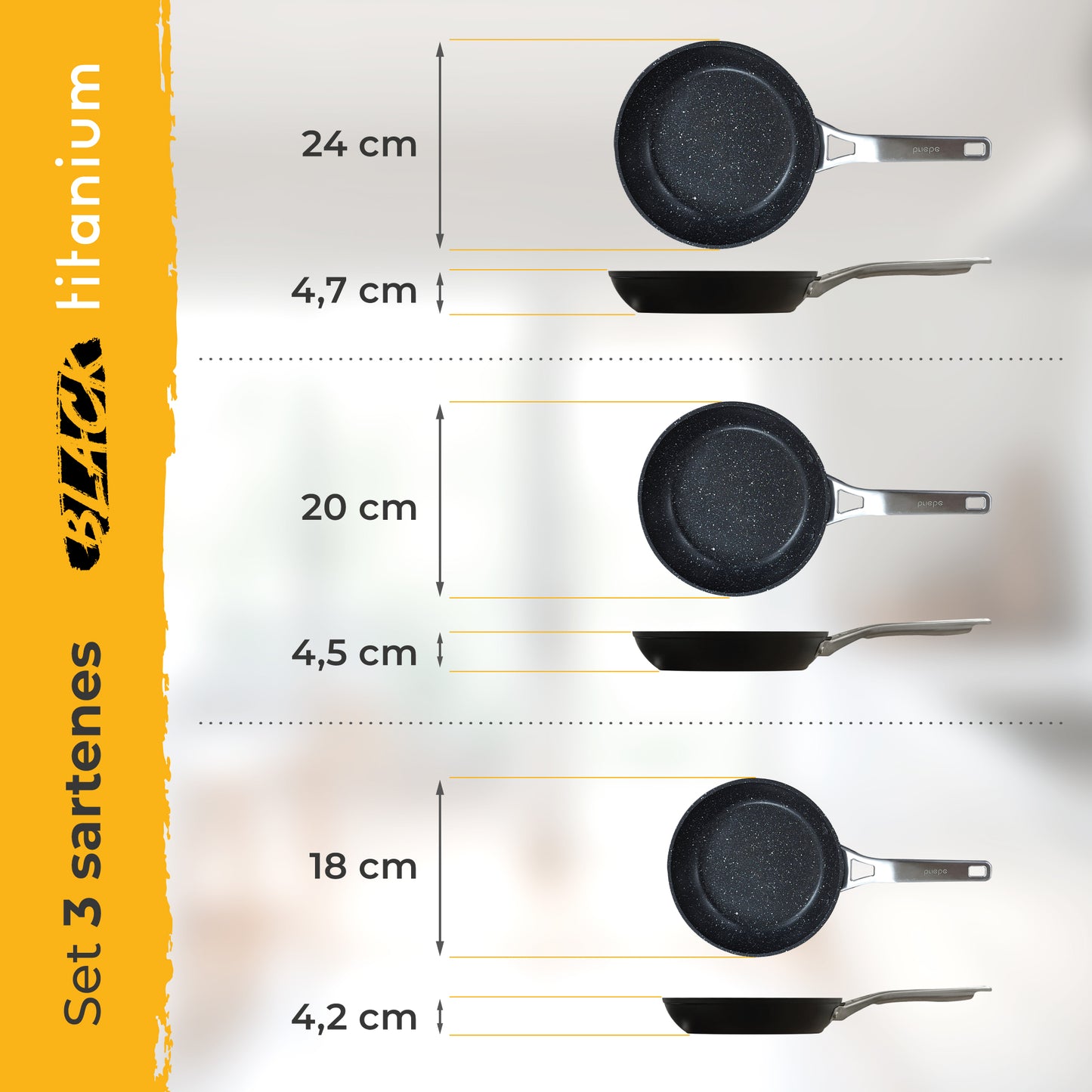 Briebe Set 3 Sartenes Antiadherentes Inducción Titanio 18-20-24cm, Aluminio Forjado Antiadherente, Black Titanium_4