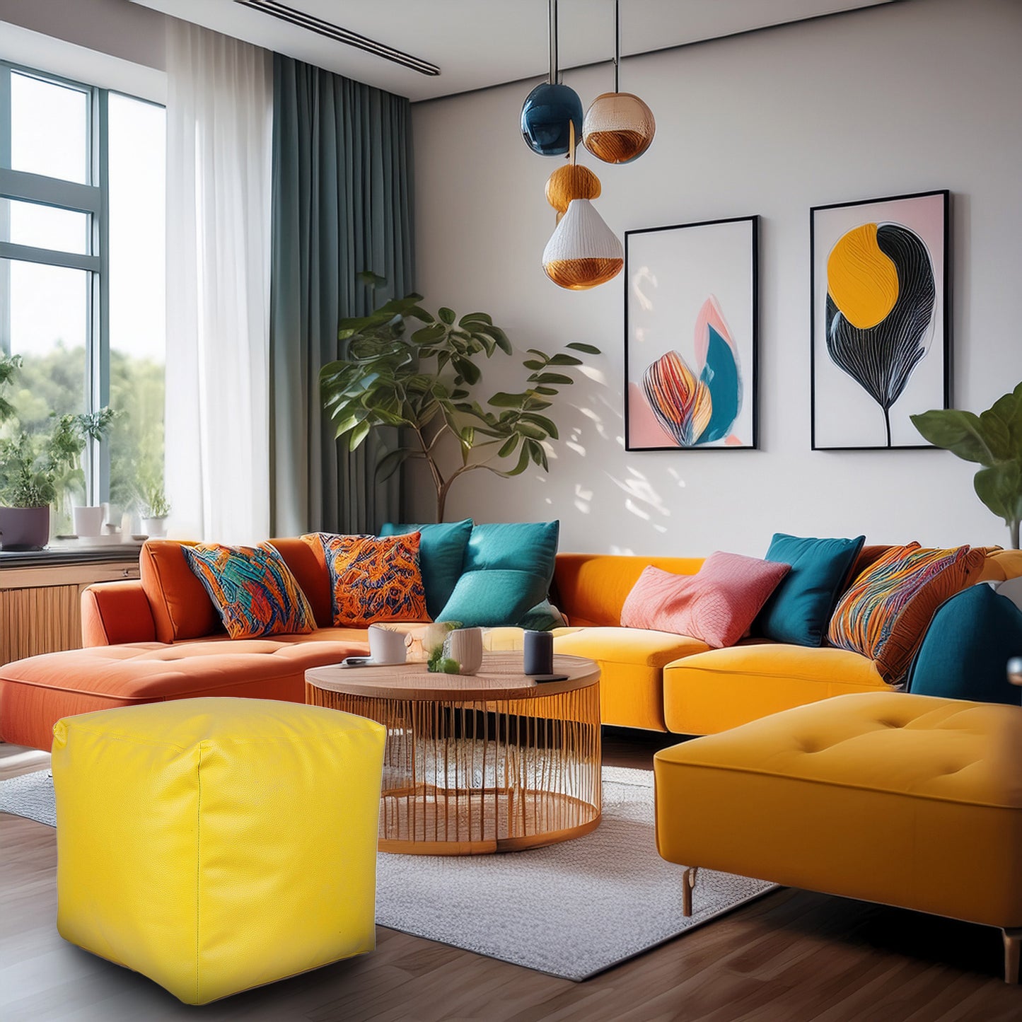 Well Home Puff Cuadrado Ø40x40cm Color Amarillo - Asiento Acolchado Y Cómodo_3