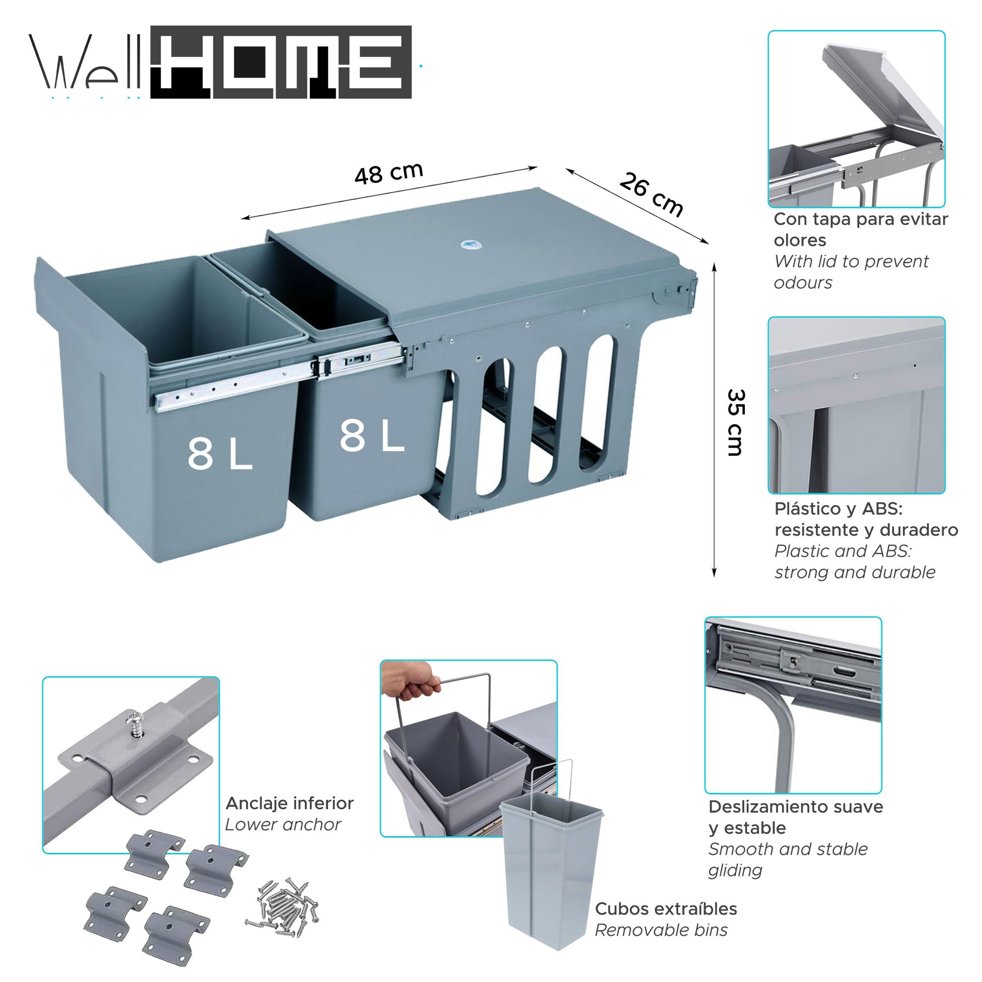 Cubo De Reciclaje 2x8l Bajo Fregadero, Extracción Manual Y Tapa_1