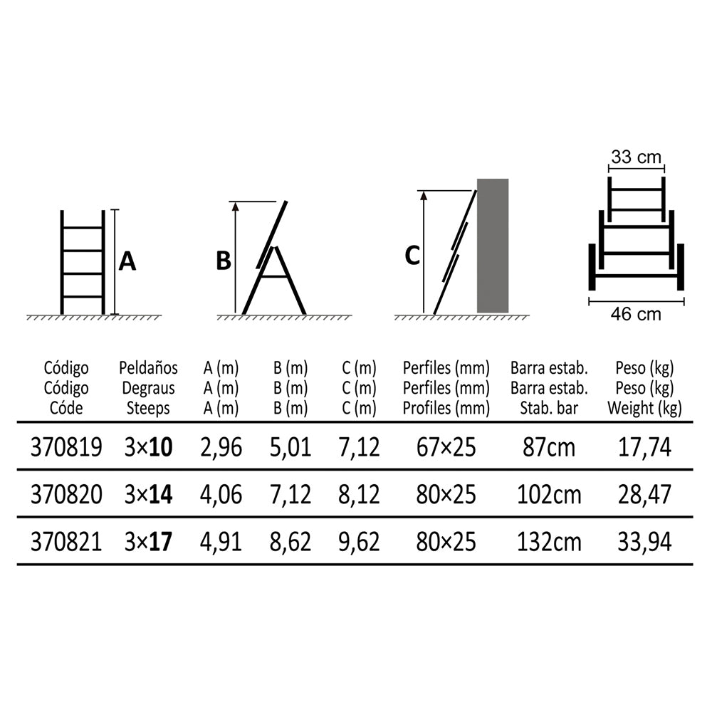 Escalera Aluminio Extensible Pro Triple - 17 Peldaños - 5+5+5 M_1