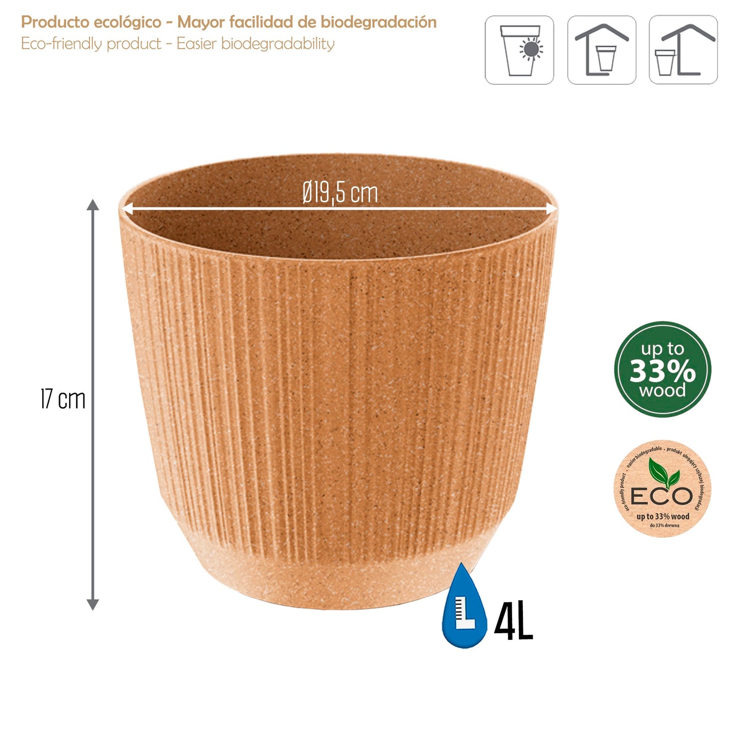 Macetero Color Ocre,sin Depósito , Colección Ryfo Eco De 19,5 X 19,5 X 17 Cm, Capacidad De  L.