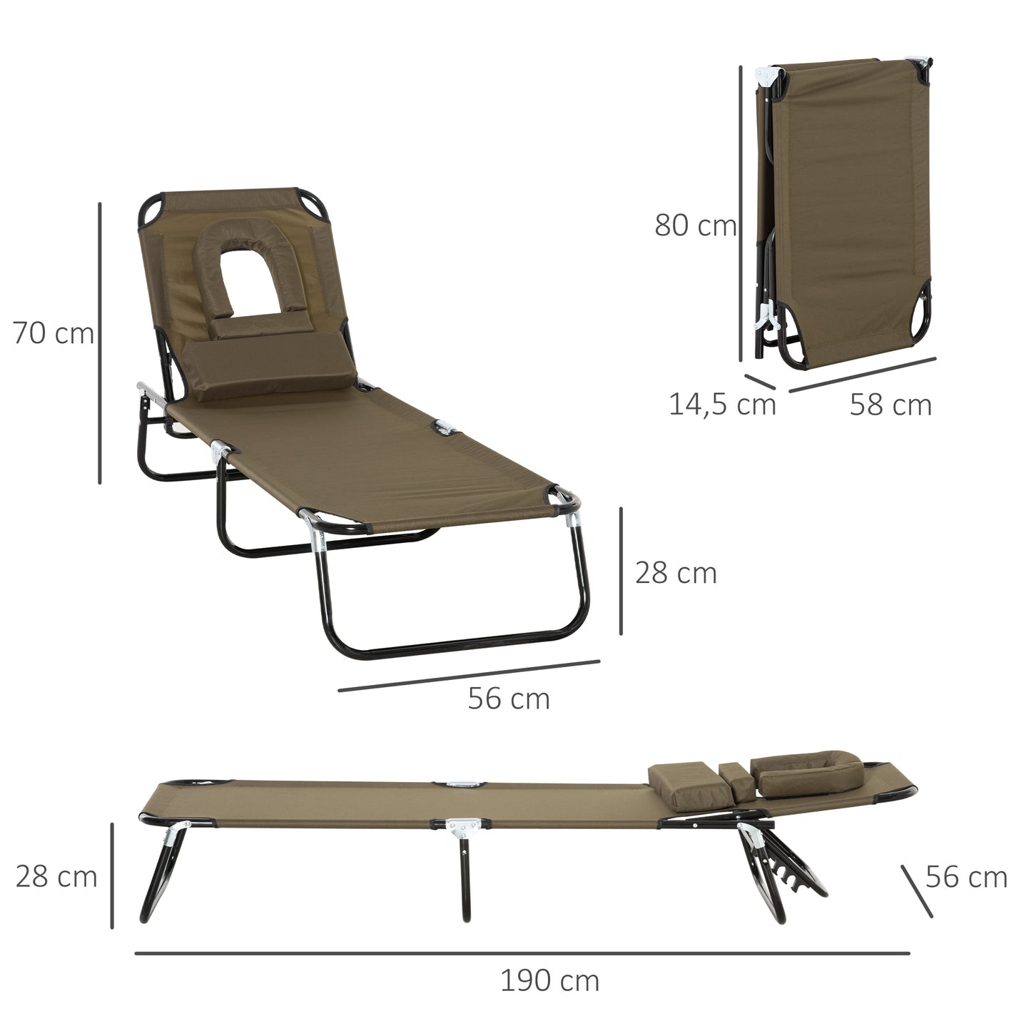 Outsunny Tumbona Plegable De Jardín Con Respaldo Ajustable Almohada Acero Marrón_2