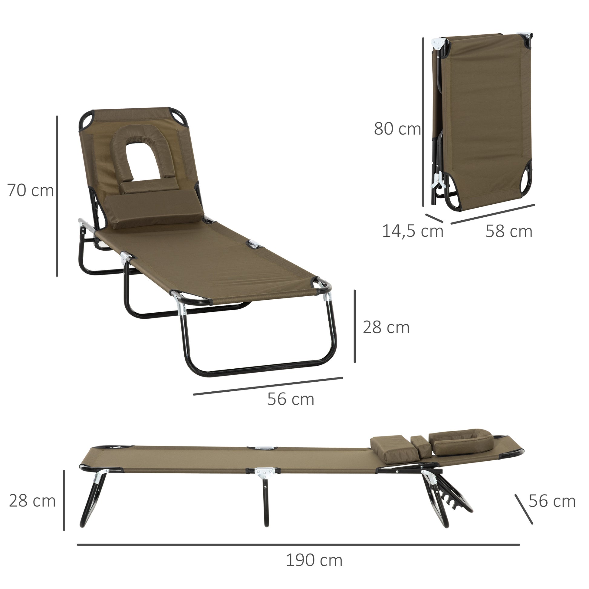 Outsunny Tumbona Plegable De Jardín Con Respaldo Ajustable Almohada Acero Marrón_2
