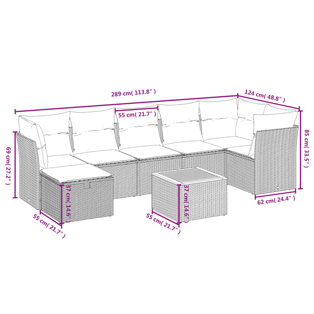 Set De Muebles De Jardín 9 Pzas Y Cojines Ratán Sintético Gris / Vetonek_2