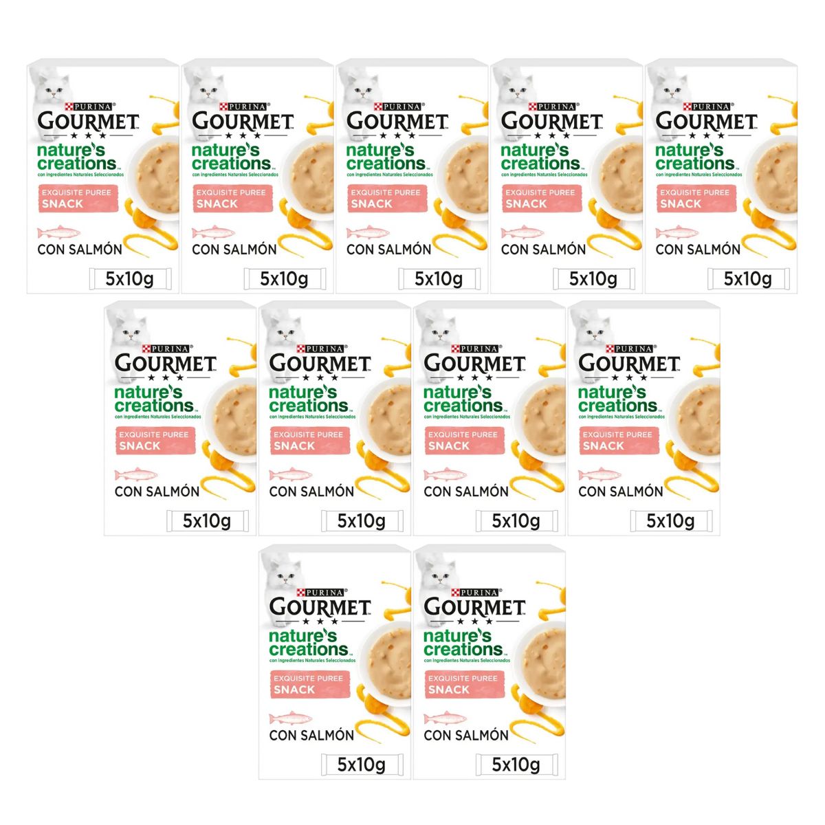 Embalagem de 11 x GOURMET Nature's Creations Exquisite Puree Snack Líquido com Salmão e Cenoura 5x10g