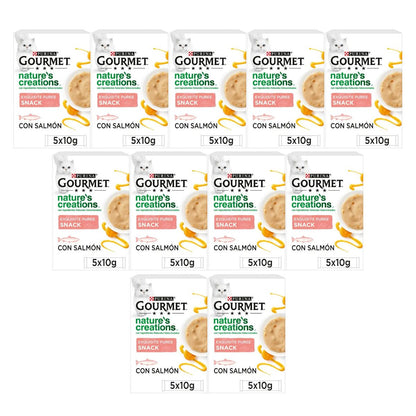 Embalagem de 11 x GOURMET Nature's Creations Exquisite Puree Snack Líquido com Salmão e Cenoura 5x10g