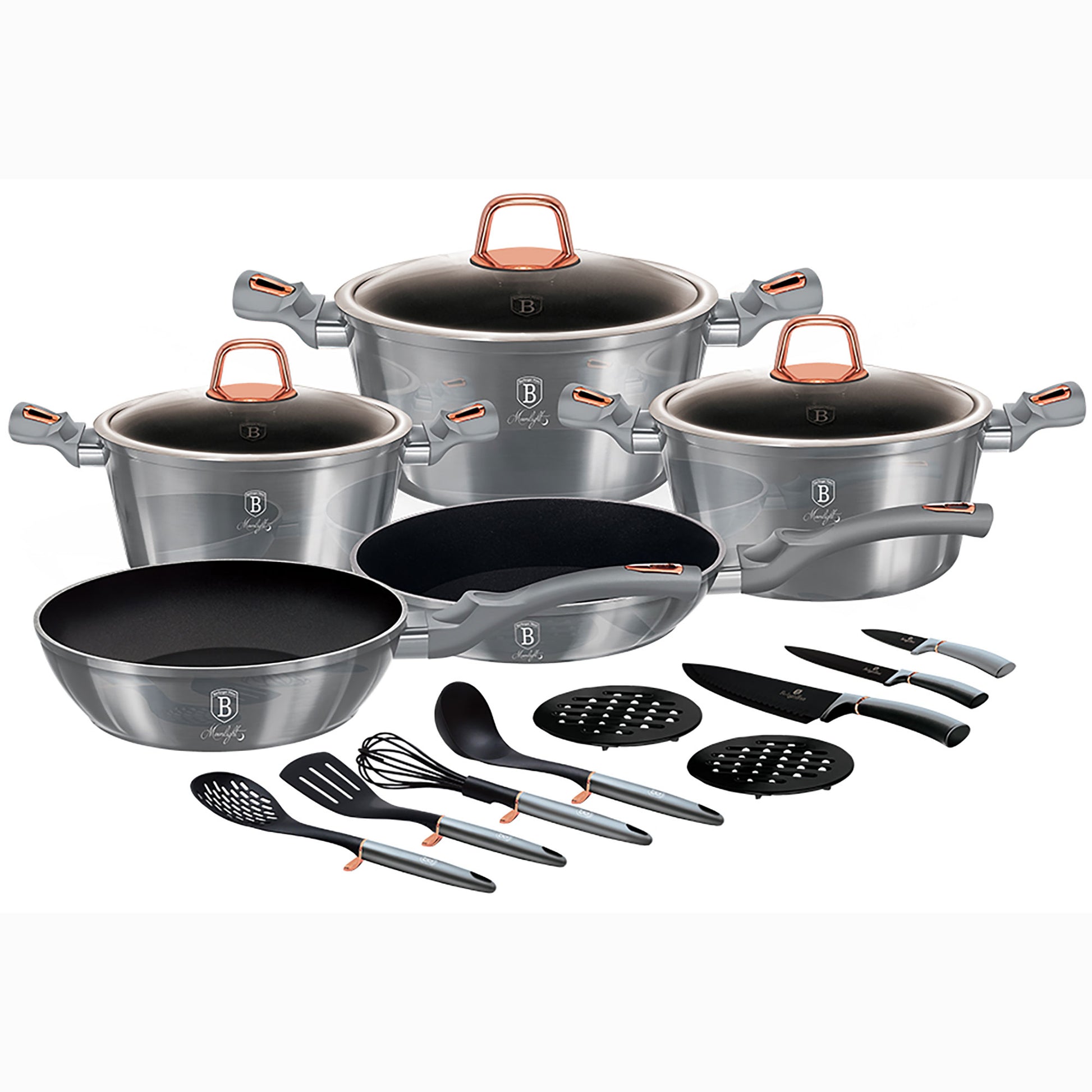 Batería Cocina Inducción 17 Piezas, Antiadherente Mármol Sin Pfoa, Aluminio, Cazuelas Sartenes Berlinger Haus Moonlight Gris_0