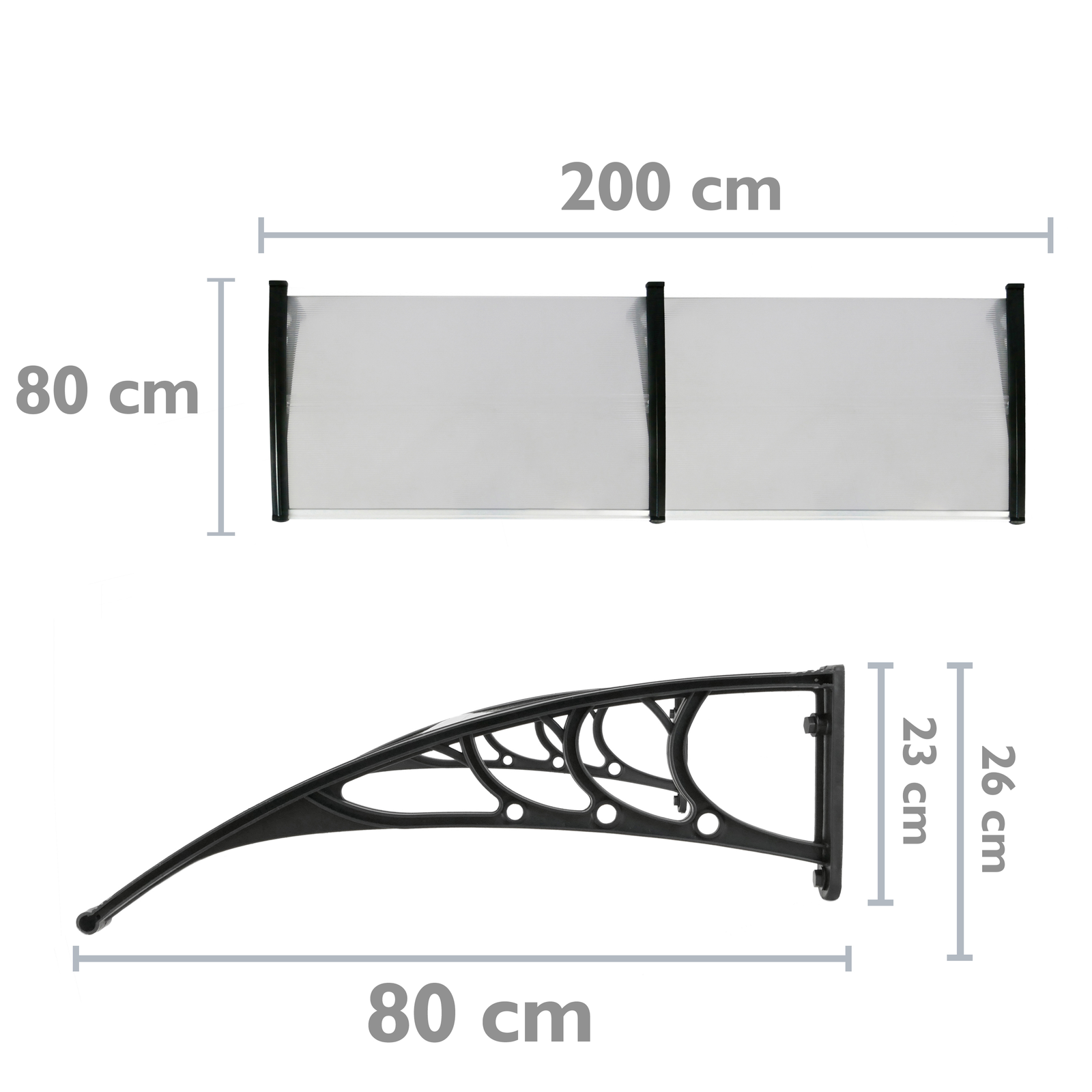 Tejadillo De Protección 200x80 Cm Gris Oscuro. Marquesina Para Puertas Y Ventanas Con Soporte Negro_1