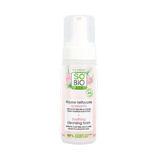Espuma de limpeza calmante hipoalergénica com bisabolol, aloé vera e rosas BIO So'Bio étic 150 ml