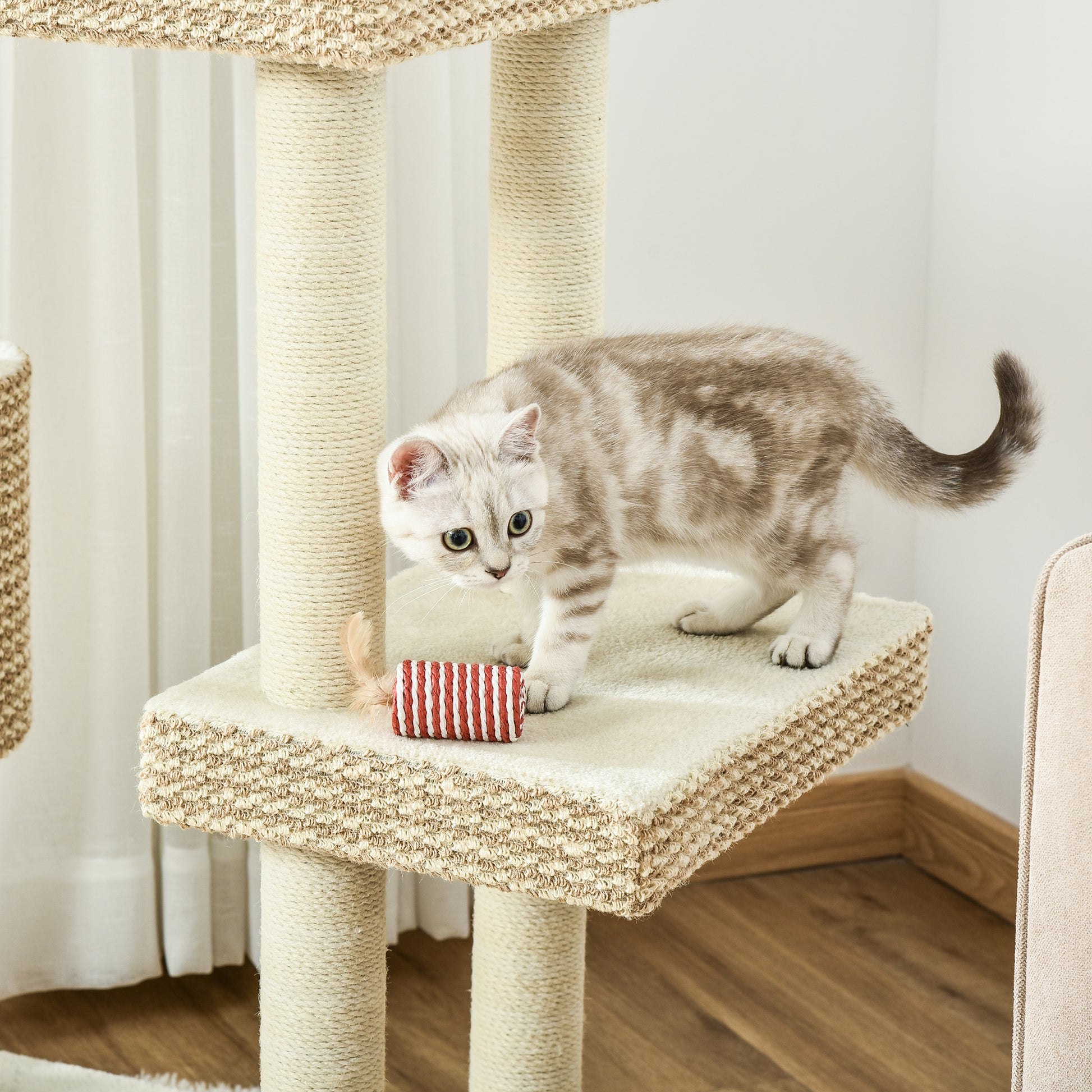 Pawhut Árbol Rascador Gatos Con Cueva Y Múltiples Plataformas 60x40x135cm Beige_4