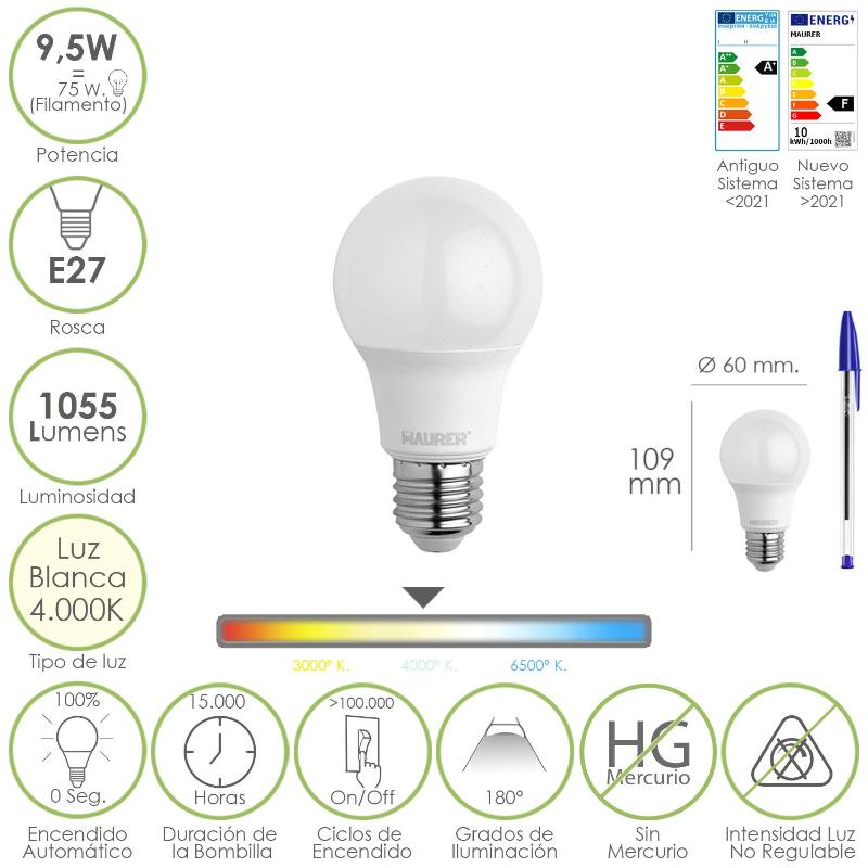 Bombilla Led Estandar Rosca E27. 9.5 Watt. Equivale A 75 Watt. 1055 Lumenes. Luz Neutra (4000º K.)_0
