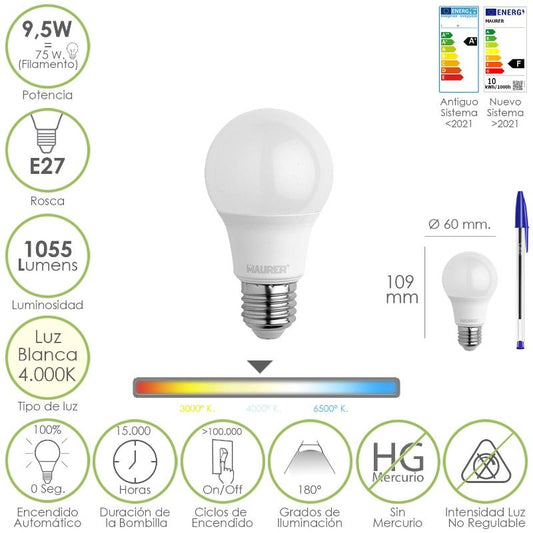 Bombilla Led Estandar Rosca E27. 9.5 Watt. Equivale A 75 Watt. 1055 Lumenes. Luz Neutra (4000º K.)_0