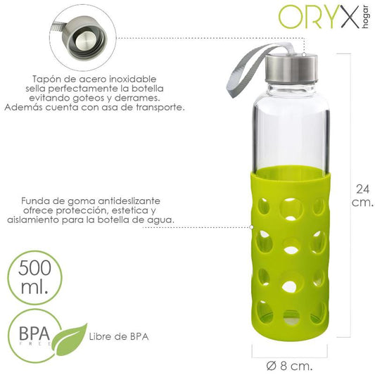 Botella Agua Fabricada En Cristal Con Funda De Goma Y Tapon Antigotas, 500ml, Libre De Bpa_0