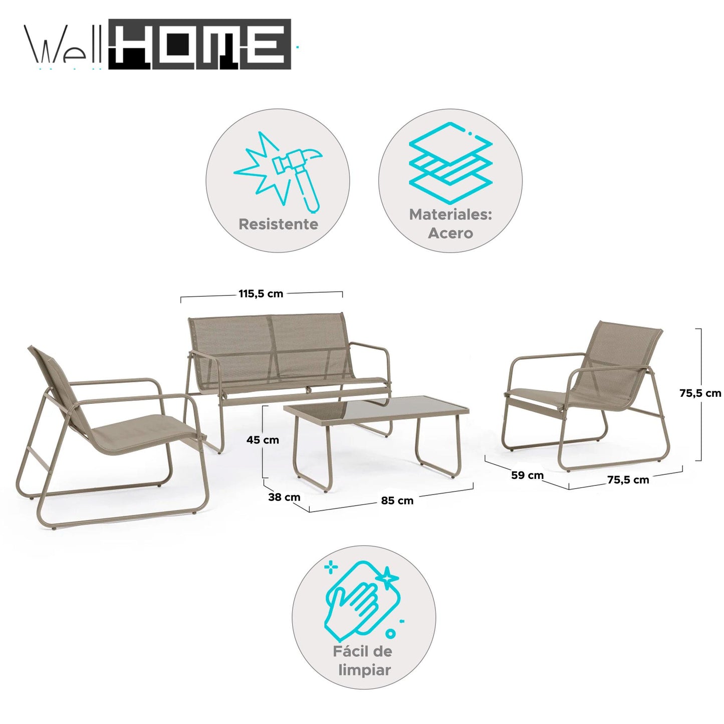 Well Home Juego De 4 Muebles (mesa + 2 Sillas + Banco) En Color Beige_1