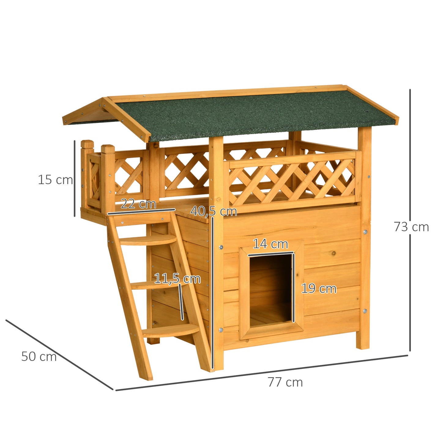 Pawhut Caseta Para Gatos De Madera 77x50x73cm Con Techo Terraza Vallada Natural_2