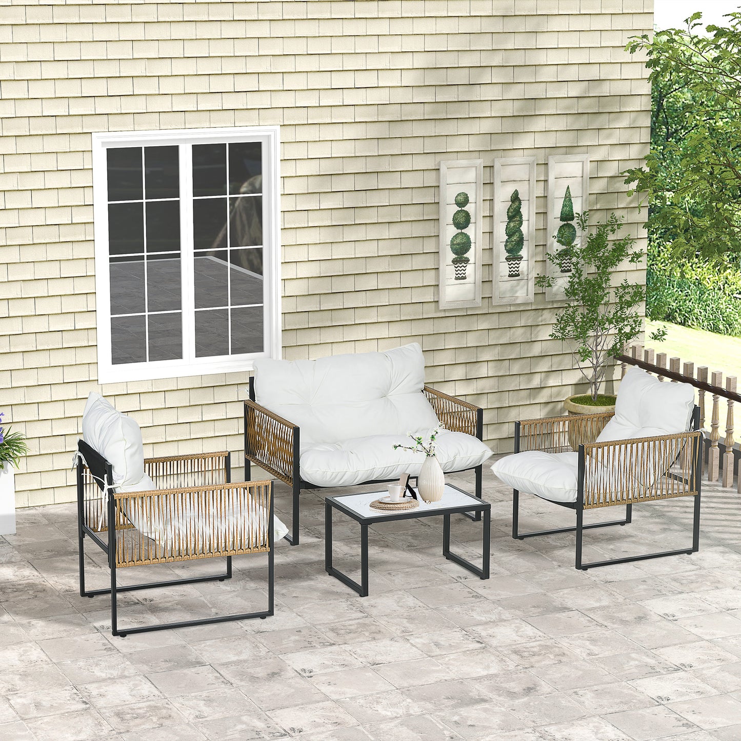 Outsunny Conjunto De Jardín De Ratán Sintético De 4 Piezas Crema_1