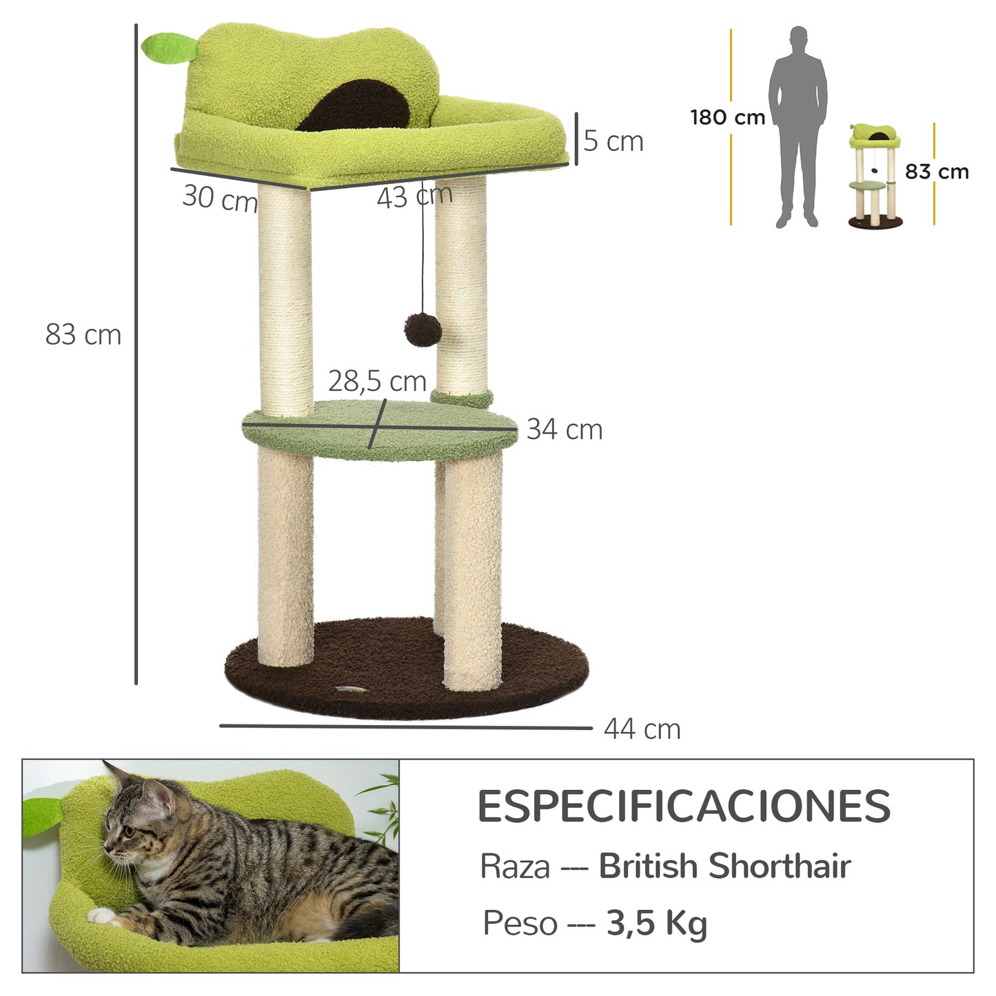 Pawhut Árbol Rascador Para Gatos Altura 83 Cm Con Cama Forma De Aguacate Y Bola_2