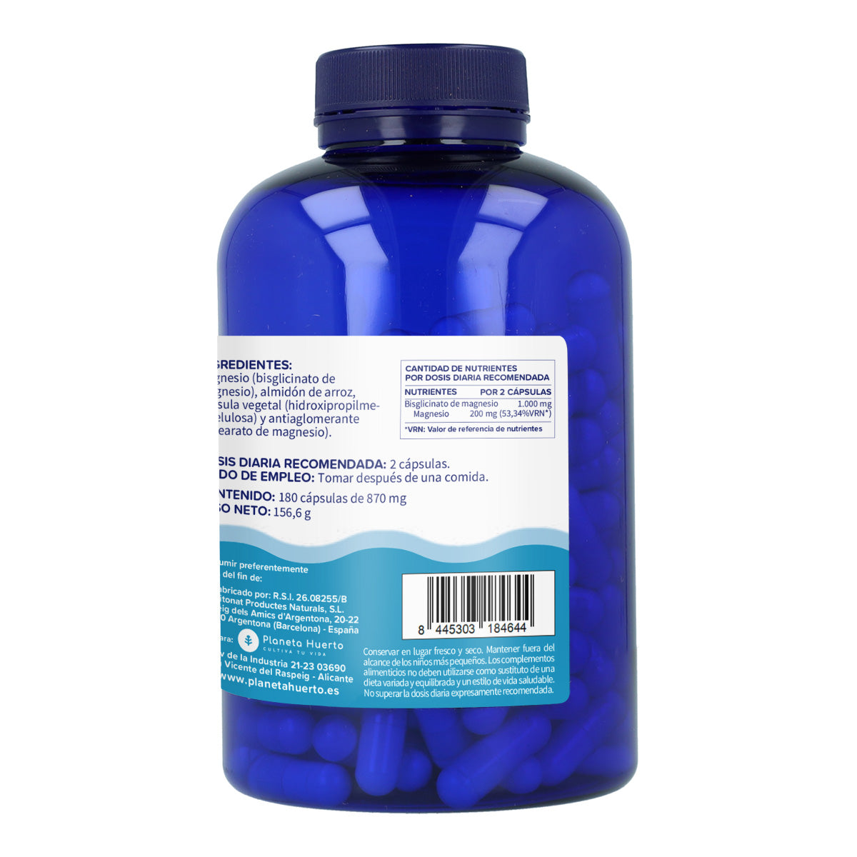 Embalagem 2xBisglicinato de Magnésio 500 mg Planeta Huerto 180 cápsulas