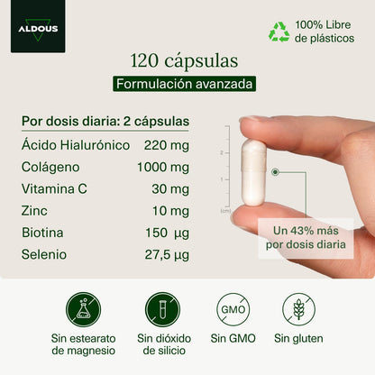Ácido hialurónico + colagénio, vitamina C, biotina, zinco, selénio Aldous BIO 120 cápsulas XL