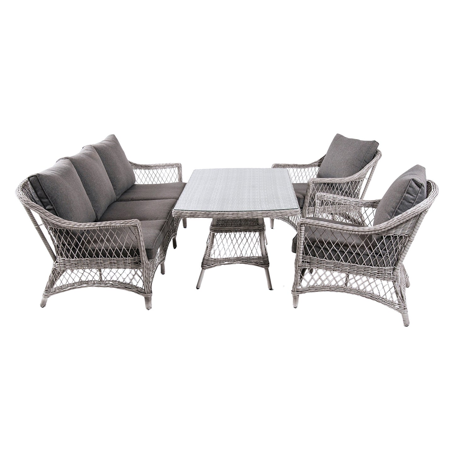 Conjunto Sofás De Jardín, Mesa Centro 140 Cm, 2 Butacas Y 1 Sofá 3 Plazas, Color Gris, Aluminio Y Rattán Sintético Abierto Redondo, 5 Plazas_0