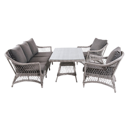 Conjunto Sofás De Jardín, Mesa Centro 140 Cm, 2 Butacas Y 1 Sofá 3 Plazas, Color Gris, Aluminio Y Rattán Sintético Abierto Redondo, 5 Plazas_0