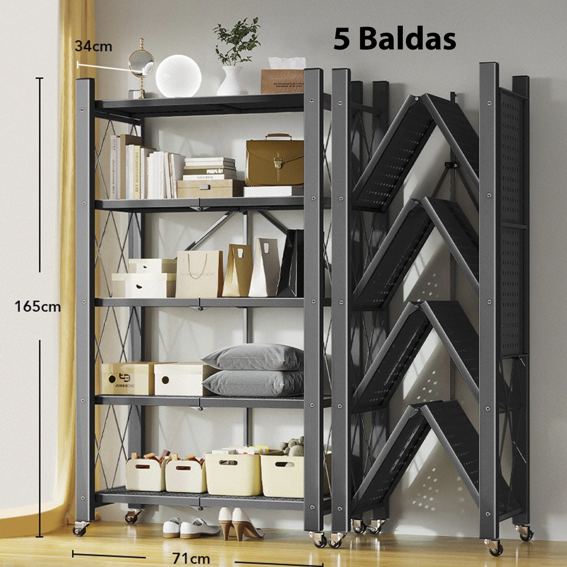 Joybos - Estantería De Almacenamiento Plegable De 5 Estantes Con Ruedas, Sin Montaje 71x34x165cm Negro_4