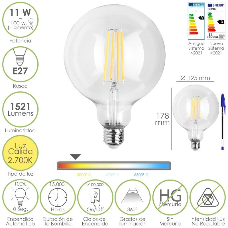 Bombilla Led Filamento Globo E27. 11 Watt. Equivale A 100 Watt. 1521 Lumenes. Luz Calida 2700º K._0