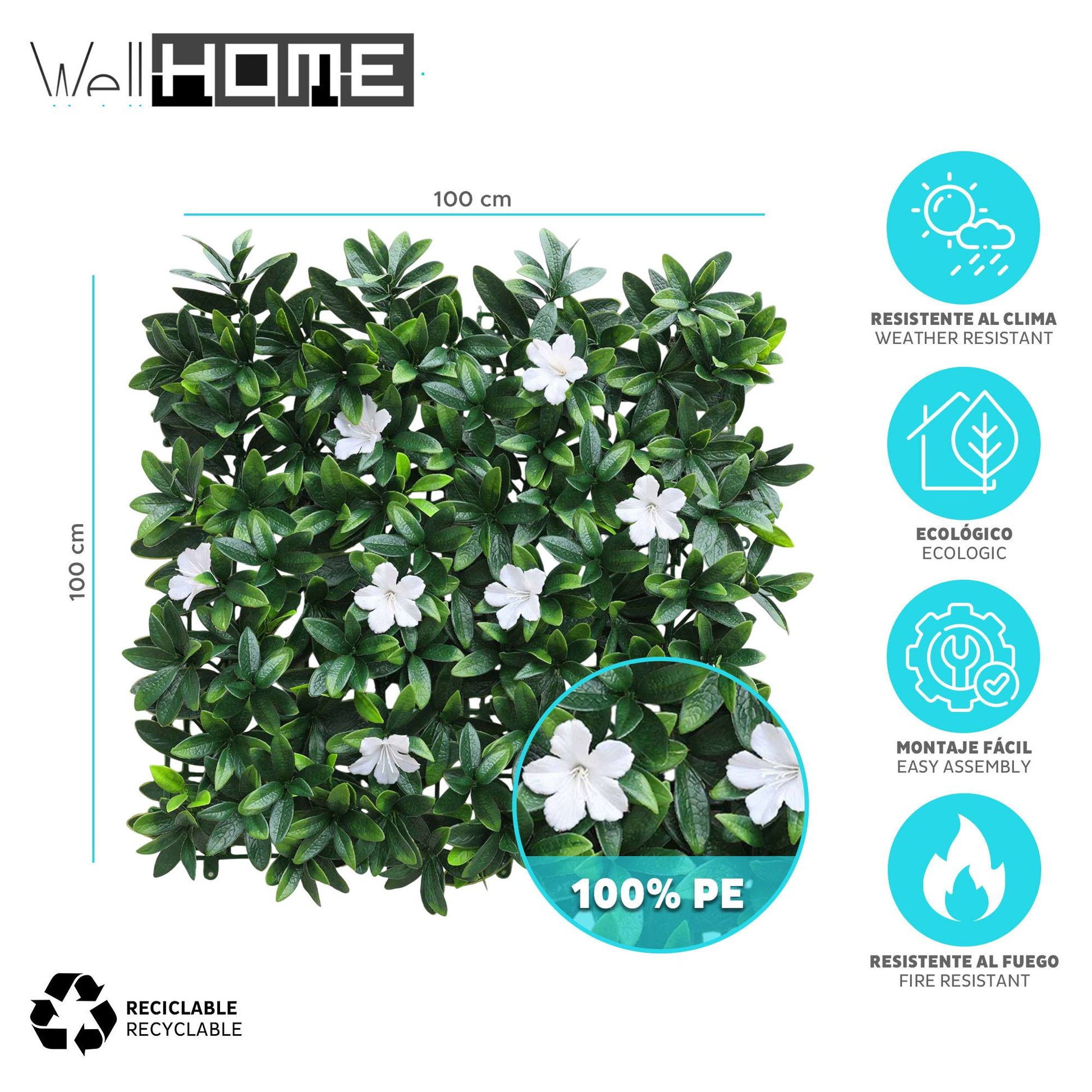 Jardín Vertical Artificial 100x100cm Well Home Hojas Verdes Y Flores Blancas_1