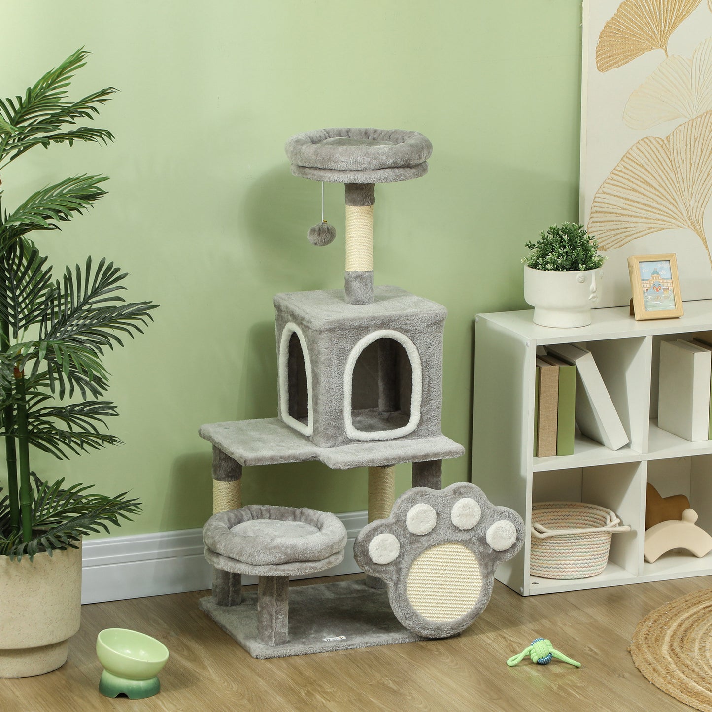 Pawhut Árbol Rascador Para Gatos 110 Cm Con Almohadilla De Rascado Gris Claro_1