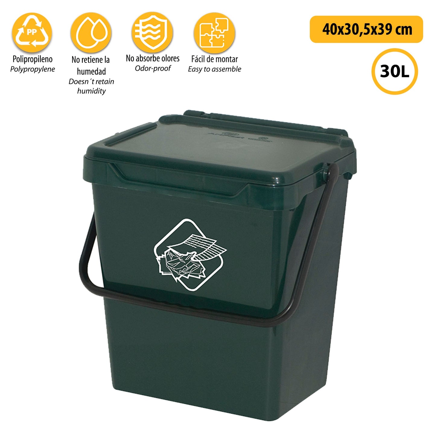 Cubo De Polipropileno Con La Manija Y La Cubierta, De Color Verde, 30 Lt. 400x305x390 Mm_2