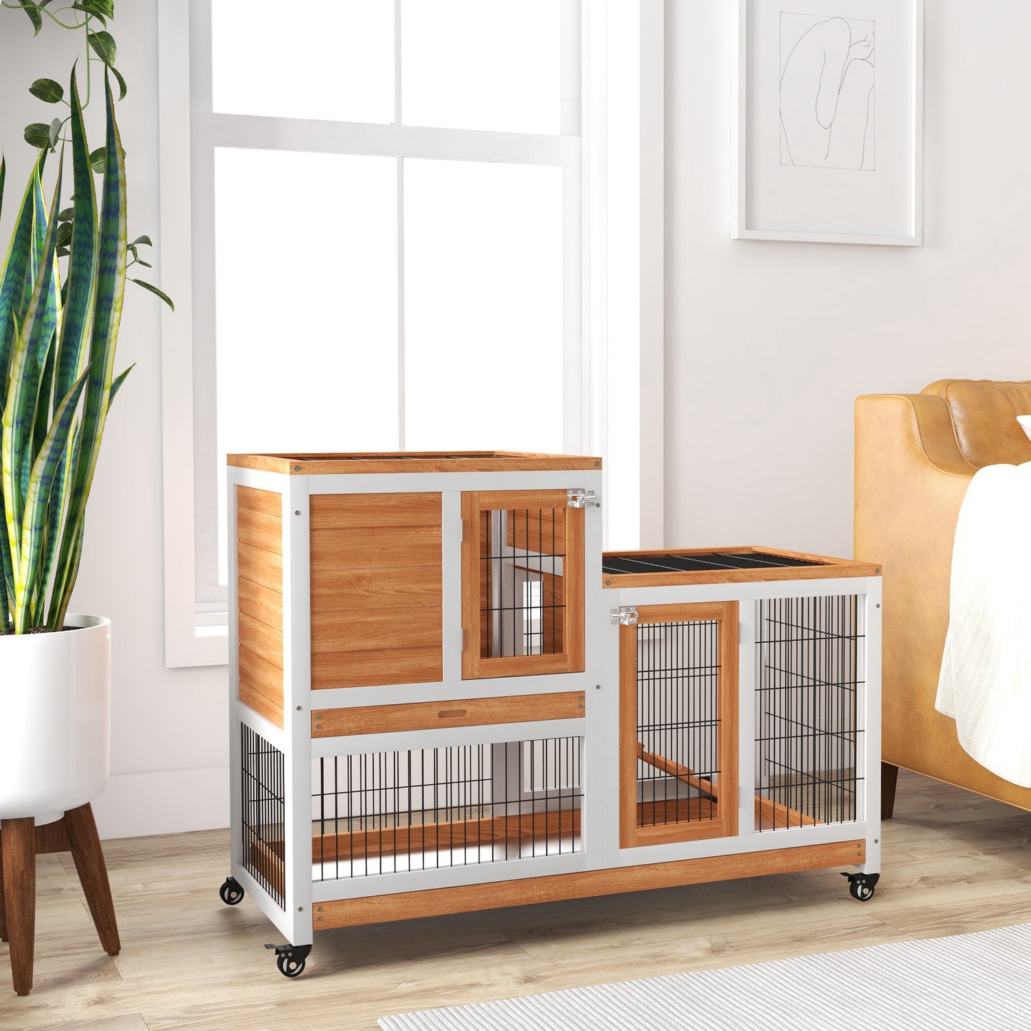 Pawhut Conejera De Madera De 2 Niveles Con Ruedas Y Bandejas Extraíbles Natural_1