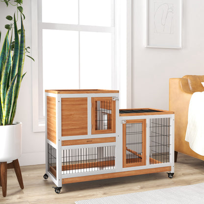 Pawhut Conejera De Madera De 2 Niveles Con Ruedas Y Bandejas Extraíbles Natural_1