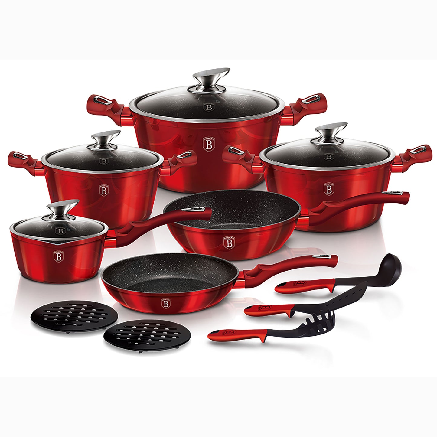Batería Cocina Inducción 15 Piezas Antiadherente Sin Pfoa Aluminio Cazuelas Sartenes Utensilios Berlinger Haus Burgundy Rojo_3