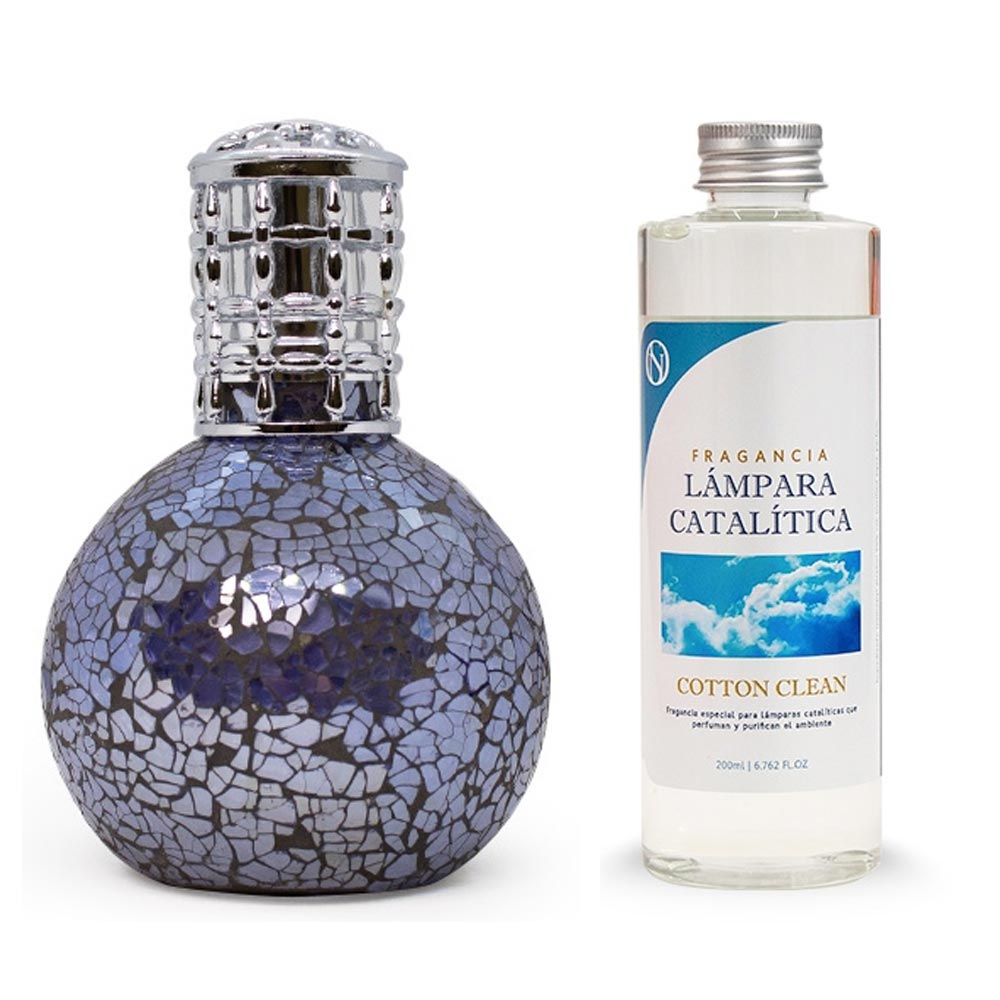 Lámpara Catalítica Mosaico Azul Océano + Fragancia Aroma Cotton Clean 500 Ml. Elimina Malos Olores, Impurezas Y Perfuma_0