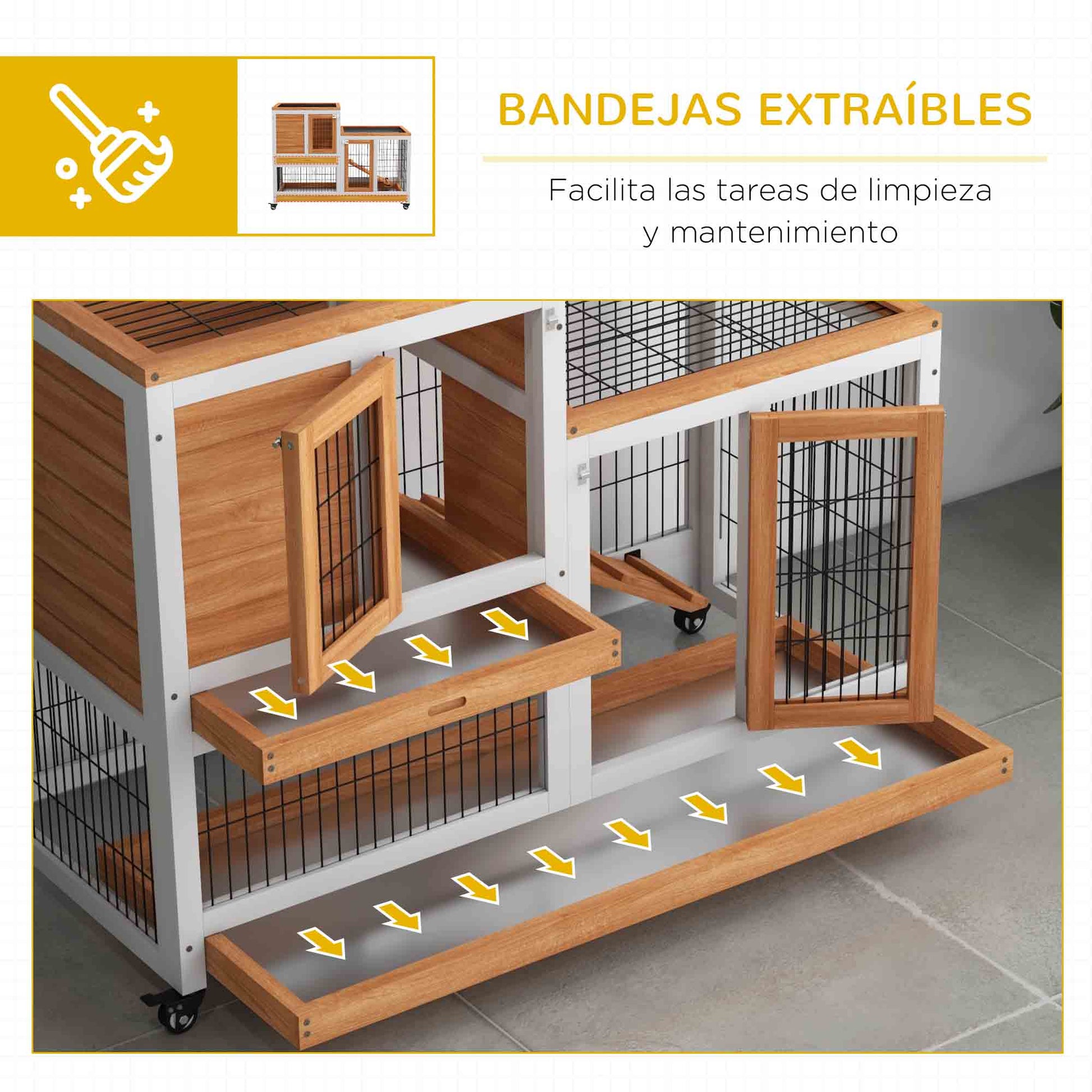 Pawhut Conejera De Madera De 2 Niveles Con Ruedas Y Bandejas Extraíbles Natural_5