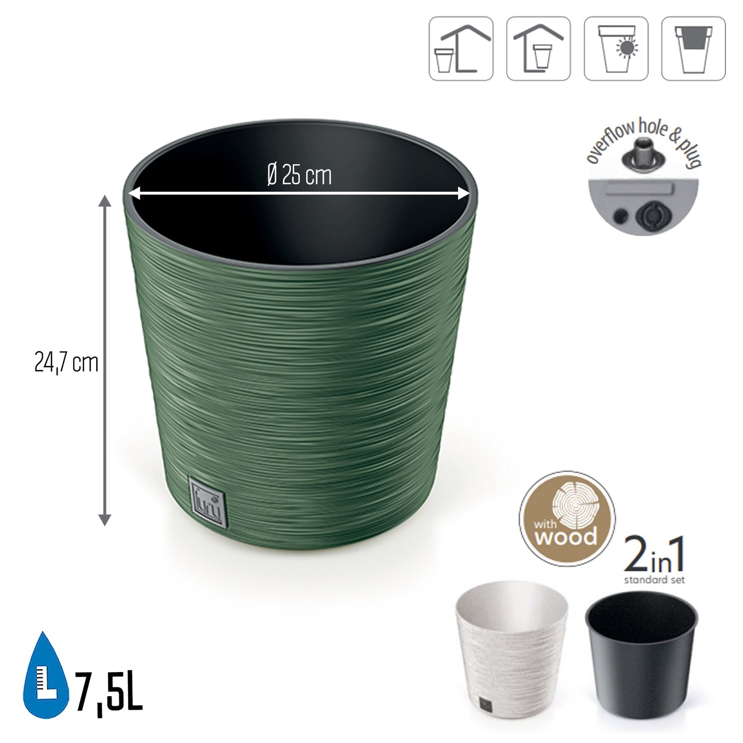 Macetero Color Verde Tierra, Con Depósito, Colección Furu, De 25 X 25 X 24,7 Cm, Capacidad De 7,5 L._1