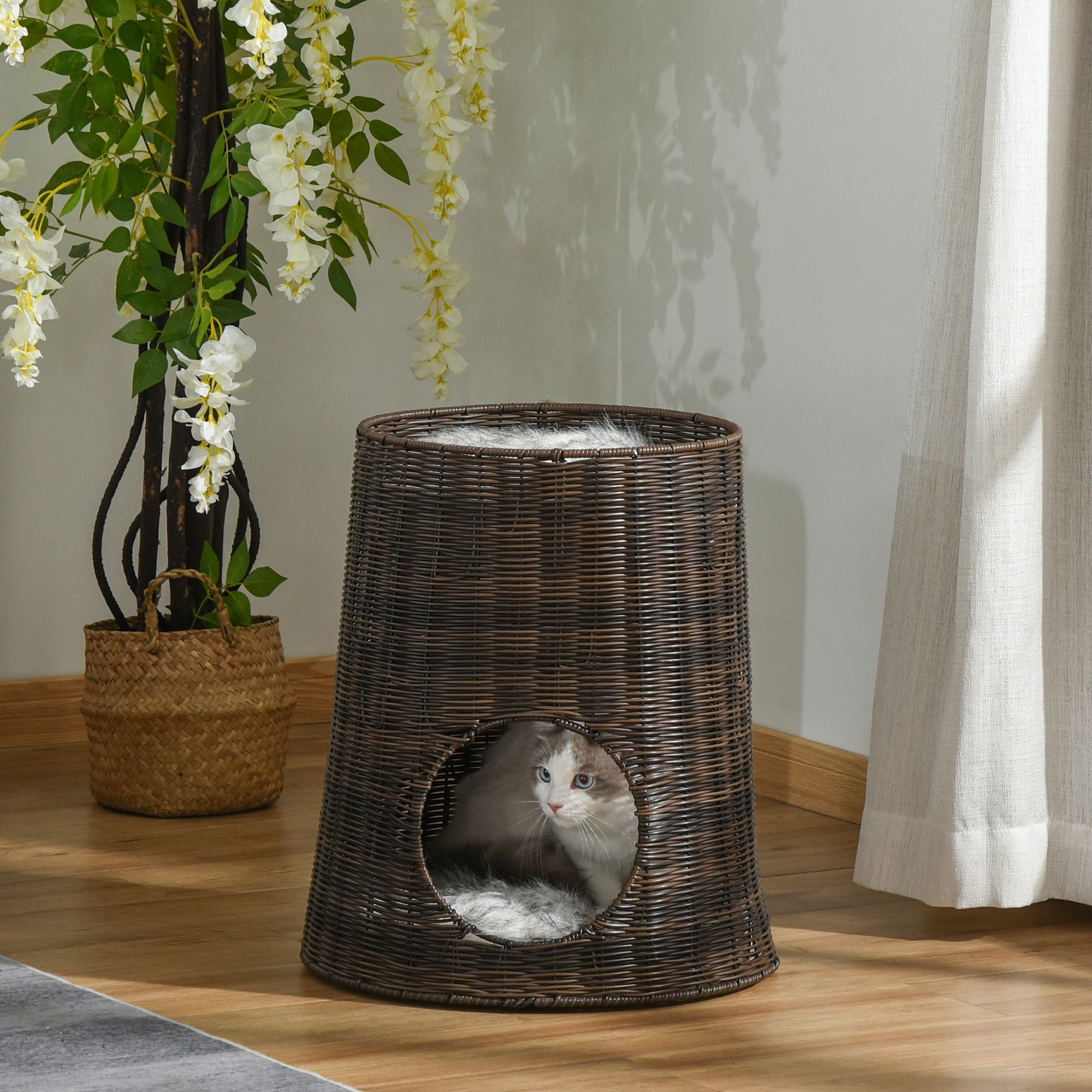Pawhut Cesta De Ratán Para Gatos De 2 Niveles Con Cojines Lavables Ø45x50 Cm_1