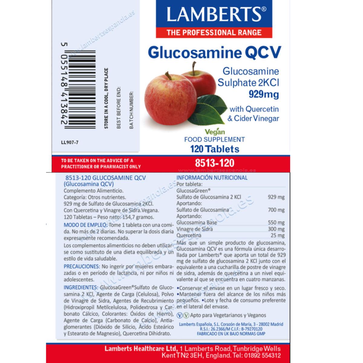 Glucosamina QCV 929 mg Sulfato de Glucosamina 2KCI Lamberts 120 comprimidos