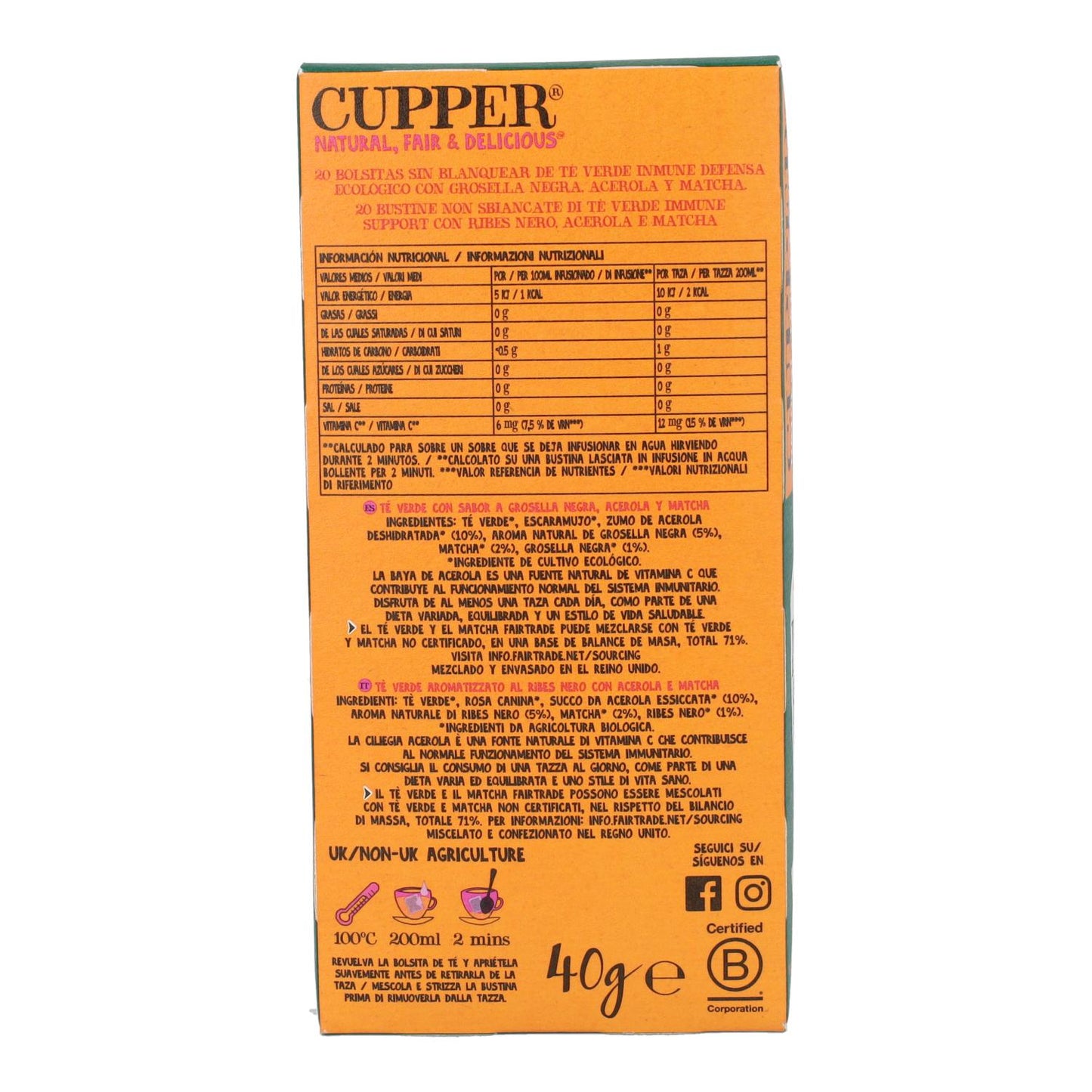 Chá Verde Bio Cupper Immune 20 saquetas 