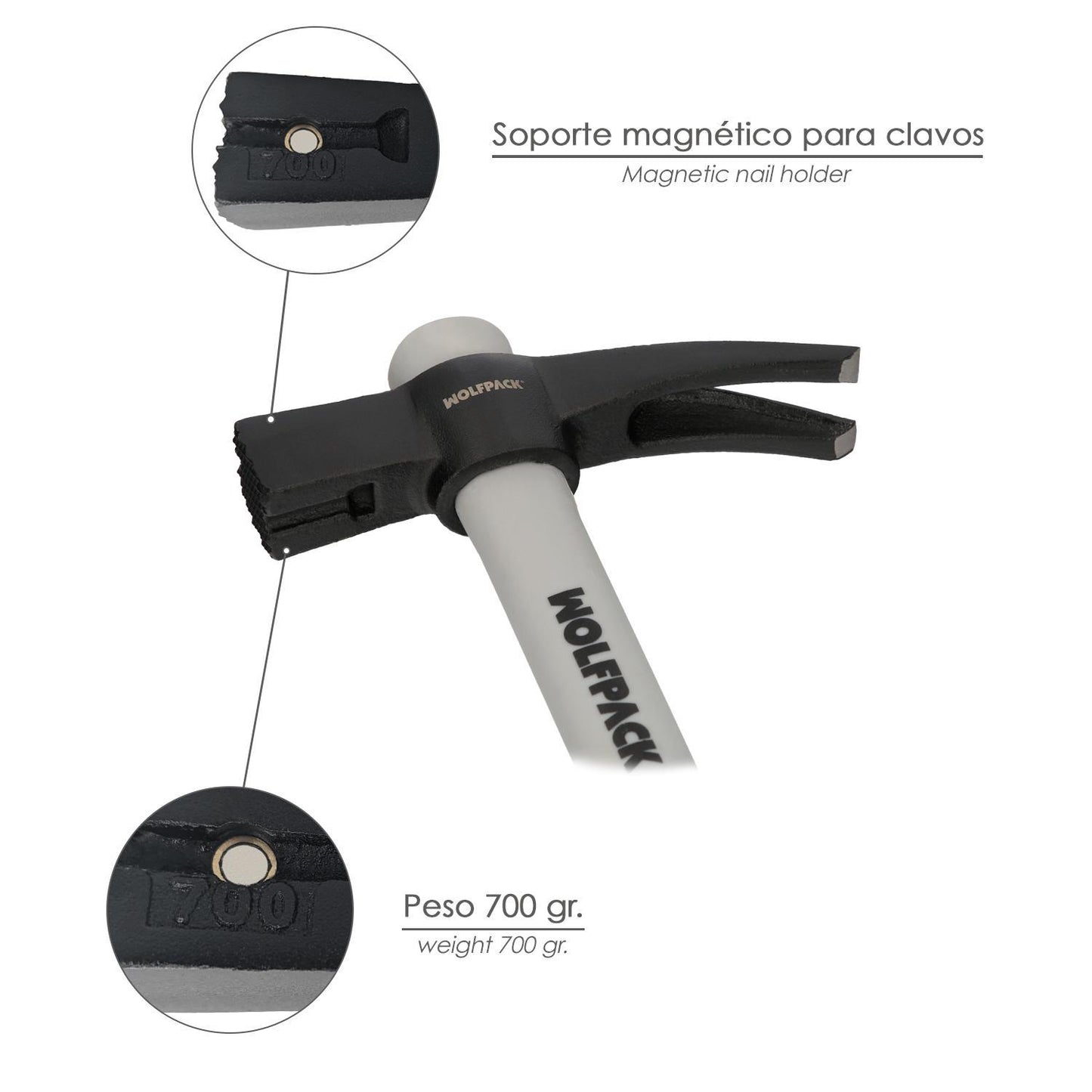 Martillo Encofrador Magentico Fibra Vidrio Mango Fibra Vidrio Con Empuñadura Antideslizante. 700 Gramos 50 Cm._3