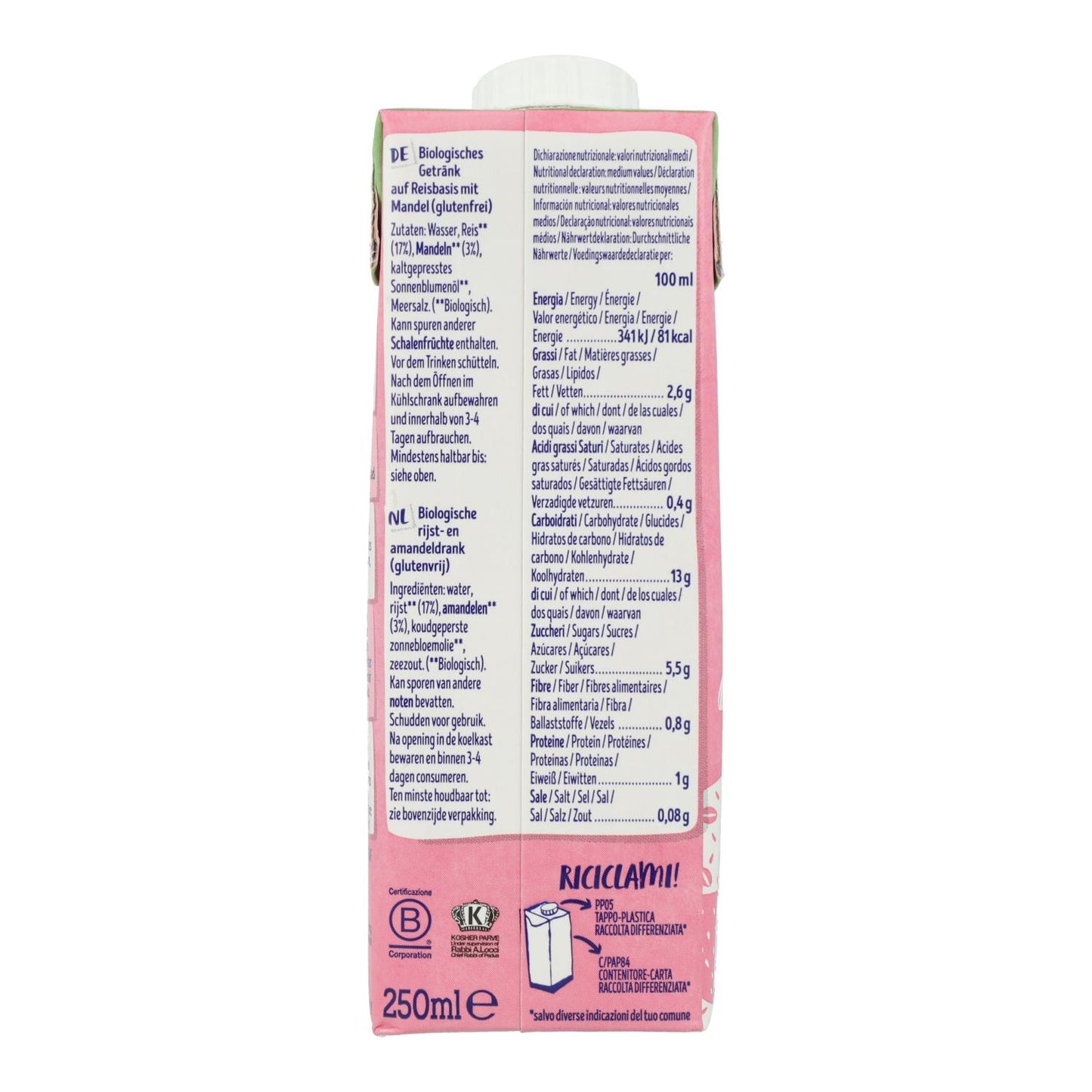 Pack de 24 bebidas biológicas de arroz e amêndoa Isola 250 ml