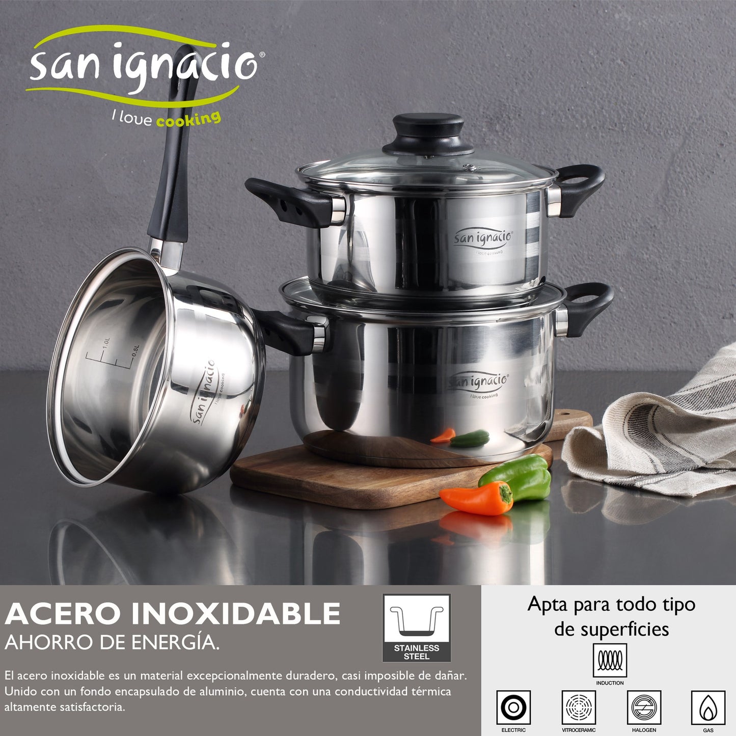 Bateria De Cocina 5 Piezas San Ignacio De Acero Inoxidable Con Juego De Sartenes Daimiel (18/20/22 Cm) En Aluminio Forjado Aptas Para Induccion_2