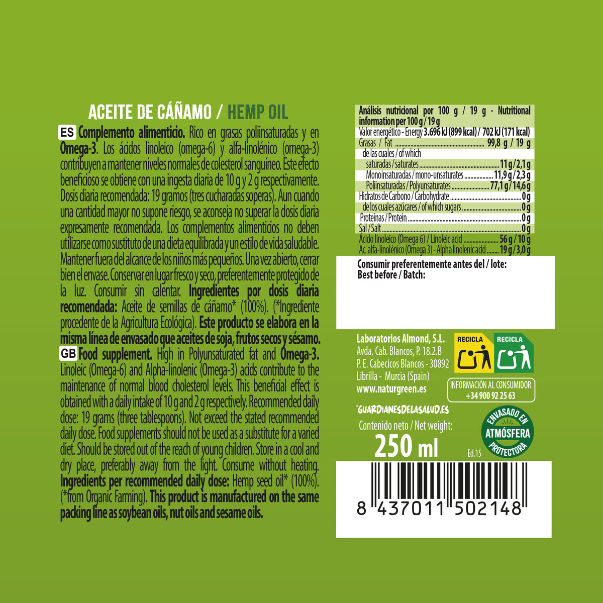 Óleo de Cânhamo Biológico, NaturGreen 250 ml