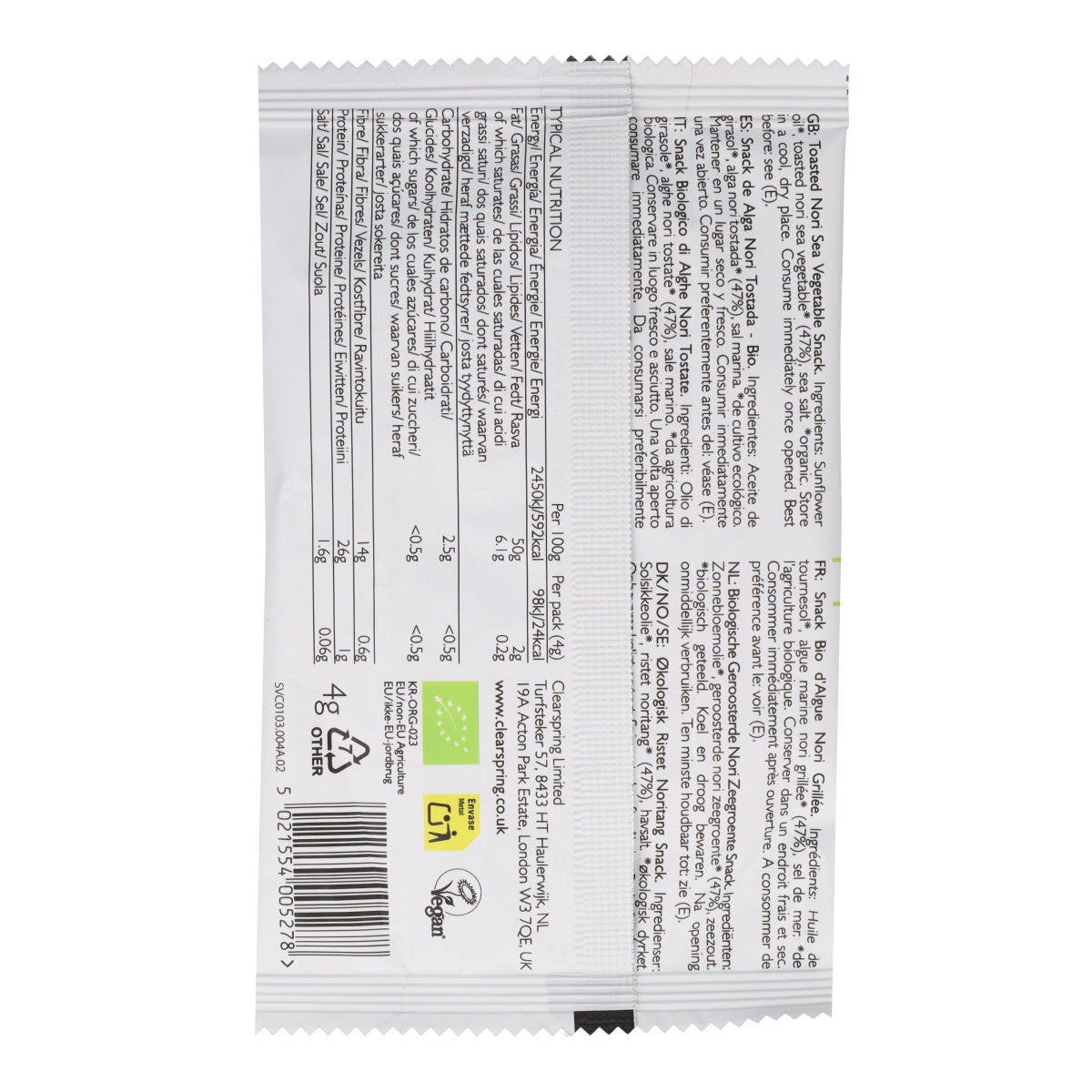 Snack de Alga Nori Biológica Torrada Clearspring 4g