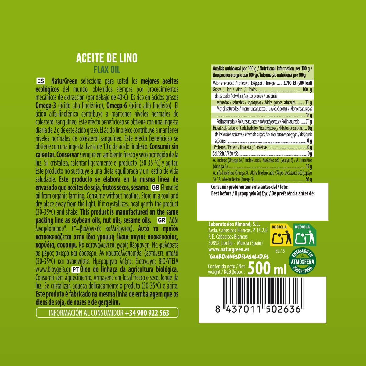 Óleo de Linhaça Biológico NaturGreen 500 ml