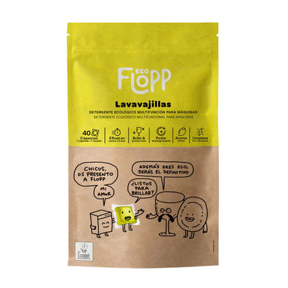 Embalagem de 2 x ECO Flopp Gel para máquina de lavar louça 40 cápsulas