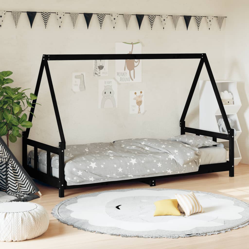 Estructura De Cama Para Niños Madera De Pino Negro 90x200 Cm / Vetonek_2
